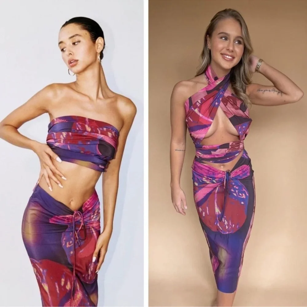 With Jean Naomi Purple Festival Rave Convertible Halter Wrap Midi Skirt Set XS - Picture 7 of 16